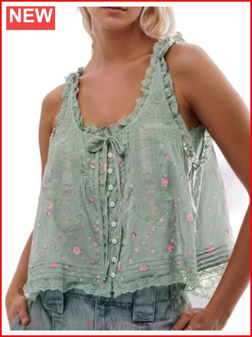 Boho Lace Tie Front Tank Top Button Down Sleeveless Cotton Cardigan